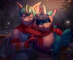  anthro dragon duo fur furred_dragon hair horn hug hvost male male/male nude outside scarf smile standing wings 