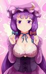  :&lt; alternate_costume artist_name bangs blue_bow blue_ribbon blunt_bangs blush bow bra breast_squeeze breasts cleavage corset crescent crescent_hair_ornament dress hair_bow hair_ornament hair_ribbon hat hat_ribbon highres large_breasts long_hair mob_cap patchouli_knowledge purple_eyes purple_hair red_bow red_ribbon ribbon sinzan solo touhou underwear very_long_hair 