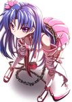  alternate_costume bare_shoulders bent_over blue_eyes blush chain cinderella_(mary_skelter) earrings hair_ornament jewelry looking_at_viewer mary_skelter mizunashi_(second_run) side_ponytail solo 