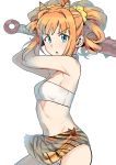  1girl :o aqua_eyes armpits arms_up bangs bare_arms bare_shoulders bikini bikini_under_clothes blush breasts cleavage club commentary_request cowboy_shot hair_ornament hair_scrunchie highres holding holding_weapon horns idolmaster idolmaster_(classic) long_hair looking_at_viewer miniskirt navel open_mouth orange_hair orange_skirt scrunchie setsubun sidelocks simple_background skirt small_breasts solo spiked_club stomach strapless strapless_bikini striped striped_skirt swimsuit takatsuki_yayoi tareme tsurui twintails upskirt v-shaped_eyebrows weapon white_background white_bikini 