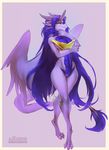  2017 amethystdust_(character) anthro big_breasts blue_fur blue_hair blue_scales border breasts dragon feathered_wings feathers featureless_crotch female fur hair horn kardie long_hair looking_at_viewer navel nude purple_background purple_feathers purple_horn purple_scales scales scalie simple_background smile solo tail_tuft tuft white_border wide_hips wings 