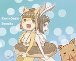  1boy 2girls artist_request bikini black_hair blue_eyes brown_hair donut fox furry multiple_girls nosebleed rabbt short_hair 