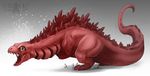  ambiguous_gender dinosaur feral godzilla godzilla_(series) looking_at_viewer open_mouth red_scales rotarr scales simple_background solo standing watermark 