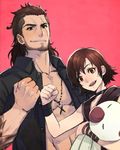  1girl black_choker brother_and_sister brown_hair choker clenched_hand eyelashes final_fantasy final_fantasy_xv gladiolus_amicitia iris_amicitia jewelry looking_at_viewer lowres moogle muscle necklace scar siblings smile tattoo wristband yuzukarin 