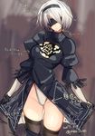  2017 black_dress black_legwear blindfold breasts closed_mouth commentary_request cowboy_shot dated dress facing_viewer hairband highleg highleg_leotard juliet_sleeves leotard leotard_under_clothes long_sleeves medium_breasts nier_(series) nier_automata puffy_sleeves rib:y(uhki) short_dress short_hair silver_hair solo thighhighs translation_request twitter_username yorha_no._2_type_b 