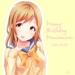  :p cardigan character_name dated happy_birthday highres kunikida_hanamaru long_hair looking_to_the_side love_live! love_live!_sunshine!! orange_hair sasurai_(kijitora713) school_uniform serafuku simple_background solo tongue tongue_out upper_body uranohoshi_school_uniform yellow_background yellow_eyes 