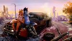  anthro bandage blood canine car city clothed clothing duo female fur hair hvost male mammal outside vehicle 
