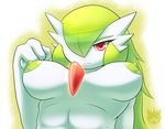  2017 alternate_species areola big_breasts breasts bust_portrait english_text female fist gardevoir green_background green_hair green_nipples hair humanoid humanoidized latiar long_hair looking_at_viewer navel nintendo nipples nude pok&eacute;mon portrait red_eyes signature simple_background solo text video_games white_background 