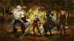  anthro canine chain female forest fox fur group hair hvost looking_at_viewer male mammal melee_weapon muscular outside polearm smile spear standing tree weapon wolf 