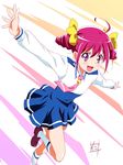  :d ahoge blue_skirt blush double_bun highres hoshizora_miyuki nanairogaoka_middle_school_uniform necktie nii_manabu open_mouth outstretched_arms pink_eyes pink_hair pink_neckwear precure school_uniform short_hair signature skirt smile smile_precure! socks solo 