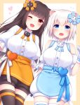  2girls ;d animal_ears apron bangs black_legwear blue_apron blue_eyes blunt_bangs blush border breasts brown_hair cat_ears cat_hair_ornament cat_tail character_request chunithm commentary_request eyebrows_visible_through_hair fang flying_sweatdrops gloves hair_ornament heart highres large_breasts long_hair looking_at_viewer maimai_(game) multiple_girls one_eye_closed open_mouth orange_apron outside_border puffy_shorts red_eyes sanotsuki shirt short_hair shorts smile tail thighhighs very_long_hair waist_apron waitress white_background white_gloves white_hair white_shirt 