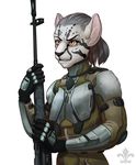  anthro armor clothed clothing feline female gun hair hvost mammal ranged_weapon rifle simple_background solo standing weapon white_background 