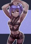  armpits arms_up black_hairband fate/prototype fate/prototype:_fragments_of_blue_and_silver fate_(series) grey_eyes hairband hassan_of_serenity_(fate) hot_limit midriff navel ono_misao open_mouth purple_hair short_hair solo t.m.revolution 