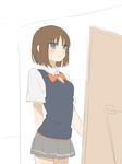  1girl blue_eyes blush breasts brown_hair fate/prototype fate_(series) ribbon sajou_ayaka school_uniform short_hair skirt 