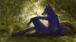  anthro canine ear_piercing forest fur grass hair hvost male mammal nude piercing sitting smile solo teeth tree wolf 
