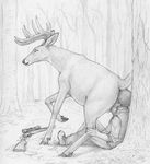  2017 antlers balls bestiality butt cervine clothing deer difetra duo facesitting feral footwear fur gun hat hooves horn human human_on_feral interspecies jacket male male/male mammal monochrome nude pants pencil_(artwork) raised_leg ranged_weapon rifle shirt shoes sitting smile traditional_media_(artwork) tree weapon 