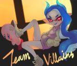  1girl :d blue_hair bright_pupils cursive domino_mask fake_horns fang hands_in_pockets highres hood hoodie horns inkling jtveemo kirby kirby_(series) long_hair long_sleeves looking_at_viewer mask nintendo open_mouth pointy_ears red_eyes shoelaces shoes smile sneakers splatoon splatoon_(series) splatoon_2 super_smash_bros. super_smash_bros._ultimate tentacle_hair v-shaped_eyebrows white_pupils yellow_footwear 