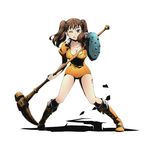 alpha_transparency boots breasts brown_eyes brown_hair cleavage collarbone cross-laced_footwear diane_(nanatsu_no_taizai) divine_gate full_body holding holding_weapon knee_boots lace-up_boots large_breasts leotard long_hair looking_at_viewer nanatsu_no_taizai official_art one_eye_closed orange_footwear orange_leotard shadow solo standing transparent_background twintails ucmm warhammer weapon 