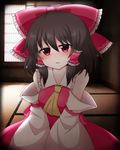  ascot bare_shoulders between_breasts blush bow breasts brown_hair commentary_request detached_sleeves hair_bow hair_tubes hakurei_reimu hakurei_shrine head_tilt indoors large_bow looking_at_viewer medium_breasts open_mouth red_eyes shiohachi short_hair solo touhou v_arms 
