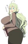  @_@ accio ahoge ass blue_eyes blush breasts green_hair highres huge_breasts long_hair looking_back open_mouth original pantylines pencil_skirt profile simple_background skirt solo sweater translated uneri_spirala very_long_hair wavy_hair white_background 