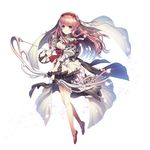  artist_request bow bow_(weapon) brown_eyes brown_hair bug butterfly character_request dress eyebrows_visible_through_hair floating_hair full_body grimms_notes hime_cut holding holding_weapon insect long_hair parted_lips petals red_bow simple_background smile solo veil weapon white_background white_dress 
