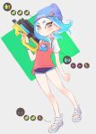  1girl :/ beanie blue_hair blue_hat closed_mouth full_body grey_eyes hand_up hat hero_shot_(splatoon_2) highres holding jtveemo legs_apart long_hair octarian octoling purple_shorts shirt short_sleeves shorts solo splatoon splatoon_(series) splatoon_2 standing suction_cups tentacle_hair white_footwear white_shirt wristband 