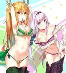  adjusting_hair armpits arms_behind_head arms_up bangs bare_shoulders beads black_bow black_hairband black_skirt blonde_hair blue_eyes blush bow bow_bra bow_panties bra breasts brown_legwear cleavage closed_mouth collarbone commentary cowboy_shot dragon_girl dragon_horns dragon_tail eyebrows_visible_through_hair gradient gradient_eyes gradient_hair green_bra green_panties green_skirt groin hair_beads hair_between_eyes hair_ornament hairband hands_in_hair highres horns kaerunoko kanna_kamui kobayashi-san_chi_no_maidragon lace lace-trimmed_bra lace_trim large_breasts lavender_hair leaning_to_the_side legs_together long_hair long_sleeves looking_at_viewer low_twintails medium_breasts midriff miniskirt mouth_hold multicolored multicolored_eyes multicolored_hair multiple_girls navel no_horn older open_clothes open_shirt orange_eyes orange_hair panties panty_pull plaid plaid_skirt pleated_skirt pulled_by_self purple_bow purple_bra purple_hair purple_panties scales school_uniform shirt shirt_pull side-tie_panties sidelocks skirt skirt_aside skirt_pull stomach string_panties striped tail teenage thigh_gap tooru_(maidragon) twintails tying_hair unbuttoned underwear undressing unzipped vertical_stripes very_long_hair yellow_bow yellow_eyes 
