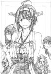  4girls :o absurdres ahoge alternate_hair_length alternate_hairstyle blush collarbone commentary_request glasses hairband haruna_(kantai_collection) hiei_(kantai_collection) highres kantai_collection kirishima_(kantai_collection) kojima_takeshi kongou_(kantai_collection) looking_at_viewer monochrome multiple_girls nontraditional_miko remodel_(kantai_collection) skirt smile traditional_media wavy_hair 