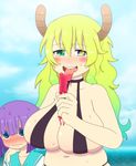  1boy 1girl arm_around_shoulder beach blush breasts green_hair horns huge_breasts kobayashi-san_chi_no_maidragon magatsuchi_shouta ocean purple_hair quetzalcoatl_(maidragon) 