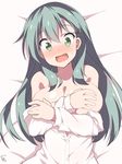  2017 artist_name bare_shoulders bed_sheet blush breasts buttons cleavage collarbone covering covering_breasts dated dress_shirt green_eyes green_hair hair_between_eyes hair_ornament hairclip hands_up highres hoppege kantai_collection large_breasts long_hair long_sleeves lying nose_blush off_shoulder on_back on_bed shirt surprised suzuya_(kantai_collection) sweatdrop upper_body white_shirt 