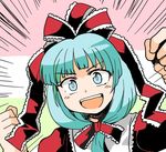  :d aqua_eyes aqua_hair bow clenched_hands commentary_request dress emphasis_lines frilled_dress frills hair_bow hair_ribbon hands_up hinamatsuri kagiyama_hina lace long_hair open_mouth red_dress ribbon smile solo tako_(plastic_protein) touhou upper_body 