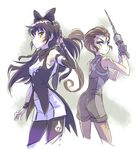  back-to-back black_hair blake_belladonna blue_eyes bow brown_hair cropped_legs gambol_shroud gunblade hair_bow highres iesupa ilia_amitola multiple_girls navel pantyhose ponytail rwby sketch spots weapon yellow_eyes 