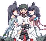  &gt;_&lt; :d ^_^ arm_warmers asagumo_(kantai_collection) bare_shoulders black_eyes black_hair black_serafuku blush braid breast_smother breasts brown_hair closed_eyes commentary detached_sleeves embarrassed fingerless_gloves fusou_(kantai_collection) girl_sandwich gloves grey_skirt hair_ornament hair_over_shoulder hairband headgear hug kantai_collection kuon_(nokokopopo) large_breasts long_hair long_sleeves mogami_(kantai_collection) multiple_girls nontraditional_miko obi open_mouth pleated_skirt red_eyes ribbon sandwiched sash school_uniform serafuku shigure_(kantai_collection) shirt short_hair silver_hair single_braid skirt smile suspenders sweat twintails white_shirt yamagumo_(kantai_collection) yamashiro_(kantai_collection) 