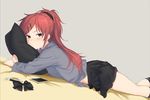  black_skirt blush bowtie_removed cellphone chigusa_asuha commentary_request dress_shirt from_side grey_shirt jpeg_artifacts long_hair looking_at_viewer lying on_stomach phone pillow pillow_hug pleated_skirt qualidea_code red_eyes red_hair sekiya_asami shirt skirt smartphone solo wide_ponytail 
