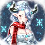  1girl blue_hair blush breasts breath draph gloves granblue_fantasy hat horns izmir large_breasts long_hair mole mole_under_mouth nyama_(12060517) pointy_ears red_eyes scarf snowflakes white_gloves 