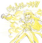  alternate_costume blonde_hair breasts cleavage color_connection commentary_request iesupa long_hair medium_breasts prosthesis prosthetic_arm rocket_punch rwby sketch smoke solo translated yang_xiao_long 