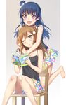  :d ;) bangs bare_arms bare_legs bare_shoulders barefoot black_bow blue_hair blunt_bangs blush body_blush book bow breasts brown_eyes brown_hair camisole chair choker cleavage collarbone flower grey_background hair_bun hair_flower hair_ornament head_tilt highres holding holding_book hug hug_from_behind knees_together_feet_apart kunikida_hanamaru leg_up long_hair look-alike looking_up love_live! love_live!_sunshine!! medium_breasts multiple_girls one_eye_closed open_book open_mouth pleated_skirt purple_choker purple_eyes raised_eyebrows simple_background sitting skirt smile spaghetti_strap standing standing_on_one_leg tareme tonee triangle_print tsushima_yoshiko yuri 