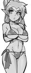  bikini breasts cameltoe cleavage crossed_arms dark_skin earrings greyscale highres hoop_earrings jewelry large_breasts long_hair maniacpaint micro_bikini monochrome navel pointy_ears ponytail shantae_(character) shantae_(series) solo swimsuit tiara underboob very_long_hair 