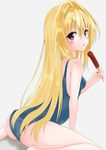  :o ass bare_arms bare_legs bare_shoulders barefoot between_legs blonde_hair blue_swimsuit blush breasts covered_nipples eyebrows_visible_through_hair food from_behind grey_background hair_intakes hand_between_legs holding holding_food kano_(korokorokorone123) konjiki_no_yami leaning_forward long_hair looking_at_viewer looking_back one-piece_swimsuit open_mouth popsicle red_eyes simple_background sitting small_breasts solo swimsuit to_love-ru to_love-ru_darkness very_long_hair wariza 