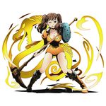 alpha_transparency boots breasts brown_eyes brown_hair cleavage collarbone diane_(nanatsu_no_taizai) divine_gate full_body holding holding_weapon large_breasts leotard long_hair looking_at_viewer nanatsu_no_taizai official_art one_eye_closed orange_footwear orange_leotard shadow solo standing transparent_background twintails ucmm warhammer weapon 