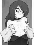  1boy 1girl blush breast_grab breasts choker cleavage collarbone contrapposto disembodied_limb dress eyebrows eyebrows_visible_through_hair freckles grabbing groping hetero long_hair monochrome muscle nude one_eye_closed open_mouth pale_skin rawsins simple_background solo_focus 