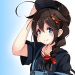  ahoge alternate_costume arm_at_side blue_eyes blue_shirt blush braid brown_hair casual hair_over_shoulder hair_ribbon hat jockey kantai_collection kujou_ichiso long_hair looking_at_viewer official_art overalls remodel_(kantai_collection) ribbon shigure_(kantai_collection) shirt short_sleeves single_braid smile solo tress_ribbon upper_body 