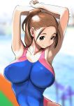  1girl armpits arms_up blue_swimsuit blurry blurry_background breasts brown_eyes brown_hair collarbone competition_swimsuit covered_navel curvy depth_of_field dytm erect_nipples head_tilt highres huge_breasts looking_at_viewer one-piece_swimsuit original ponytail pool pool_monitor_part-timer_(dtym) see-through skin_tight smile swimsuit 