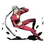  alpha_transparency ban_(nanatsu_no_taizai) blue_hair collarbone divine_gate full_body groin holding holding_weapon looking_at_viewer male_focus midriff nanatsu_no_taizai navel nunchaku official_art pants red_eyes red_pants shadow shiny shiny_skin solo spiked_hair transparent_background ucmm weapon 