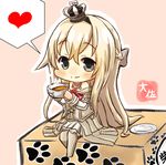  artist_name black_eyes blonde_hair chibi commentary_request crown cup dress hairband heart highres holding holding_cup kantai_collection long_hair long_sleeves mini_crown off-shoulder_dress off_shoulder partial_commentary sitting smile solo speech_bubble spoken_heart taisa_(kari) tea teacup warspite_(kantai_collection) white_dress 