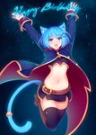  :3 :d \o/ animal_ears arms_up belt black_legwear blue_eyes blue_hair blush boots cape cat_ears cat_tail choker crop_top fang freckles hair_ornament hairclip happy_birthday highres jewelry long_sleeves looking_at_viewer miniskirt navel open_mouth original outstretched_arms ricegnat ring skirt smile solo stomach tail tail_bracelet tail_ornament thighhighs zettai_ryouiki 