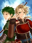  armor brown_eyes fingerless_gloves fire_emblem fire_emblem:_seima_no_kouseki forde gloves green_eyes green_hair kiyuu kyle_(fire_emblem) long_hair low_ponytail male_focus multiple_boys polearm spear teeth weapon 