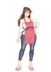  animal_slippers apron breasts brown_hair bunny_slippers collarbone denim full_body furrowed_eyebrows furyou_ni_hamerarete_jusei_suru_kyonyuu_okaa-san halterneck hand_on_hip high_ponytail highres jeans large_breasts long_hair looking_at_viewer midriff mole mole_under_mouth no_socks pants parted_lips red_eyes scowl sleeves_past_elbows slippers solo transparent_background xxzero 
