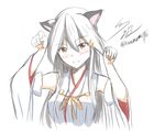  animal_ears cat_day cat_ears commentary_request detached_sleeves fang grey_hair hair_ornament hairclip haruna_(kantai_collection) highres japanese_clothes kantai_collection kemonomimi_mode long_hair namikawa_kuroha nontraditional_miko orange_eyes remodel_(kantai_collection) signature sketch solo twitter_username 