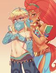 1girl abs absurdres alternate_costume bad_id bad_twitter_id big_hair blonde_hair circlet crossdressing dark_skin detached_sleeves gerudo gerudo_link hands_on_another's_shoulders heart heart-shaped_pupils highres kaibuzetta link lipstick makeup midriff muscle muscular_female navel otoko_no_ko pointy_ears red_hair symbol-shaped_pupils the_legend_of_zelda the_legend_of_zelda:_breath_of_the_wild toned toned_male urbosa veil 